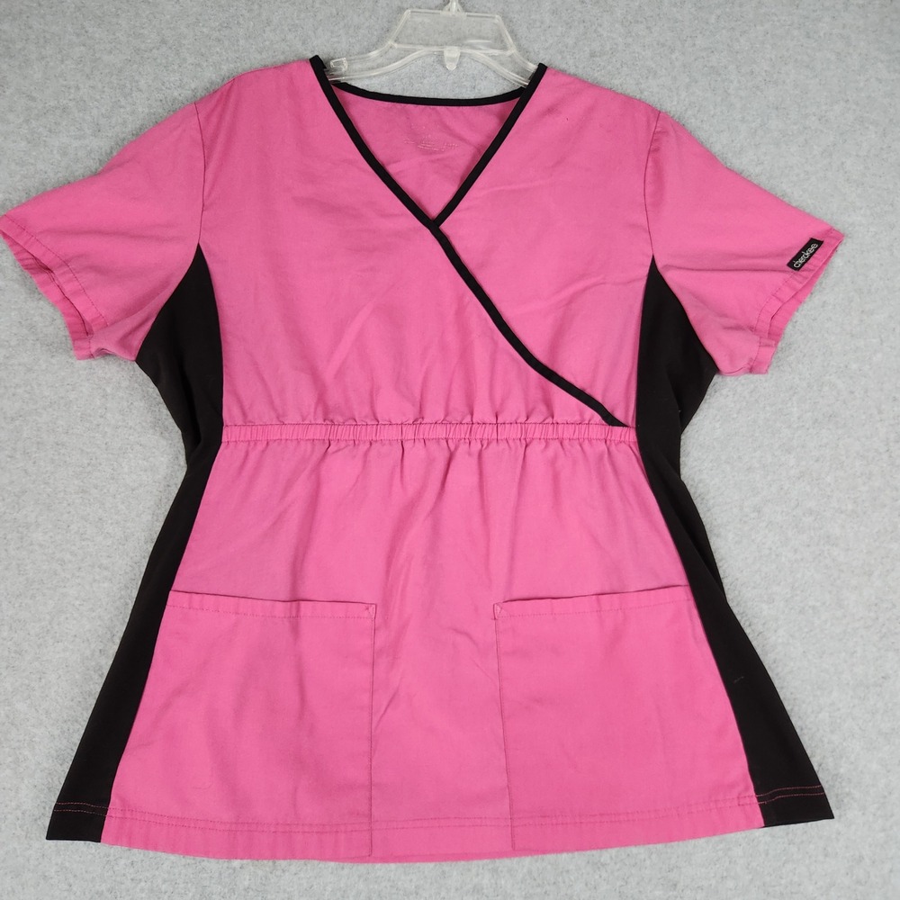 Cherokee Mock Wrap Scrub Top Women Large Pink Black Flexibles Stretch Comfort